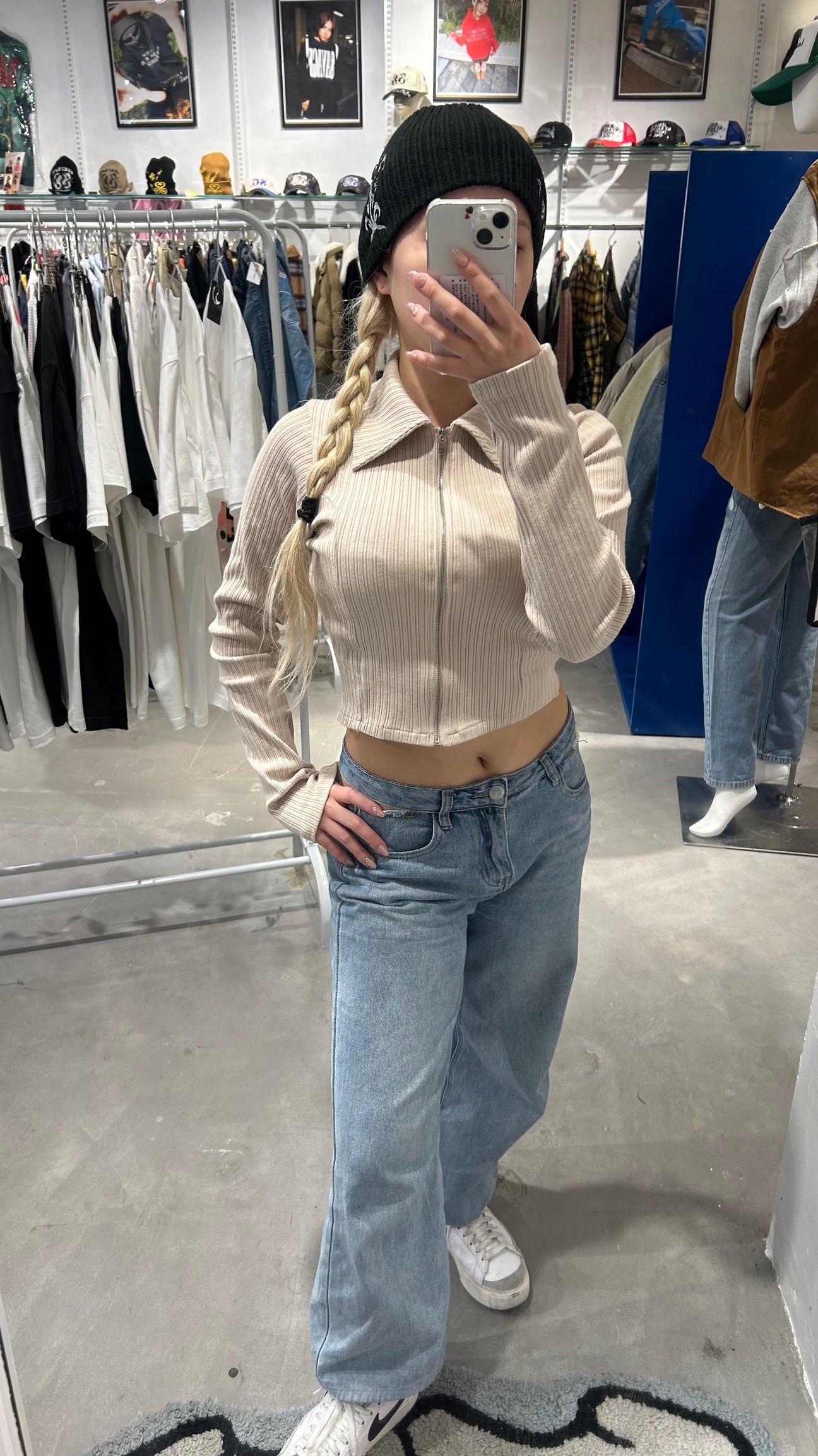 襟付きジップクロップドニット