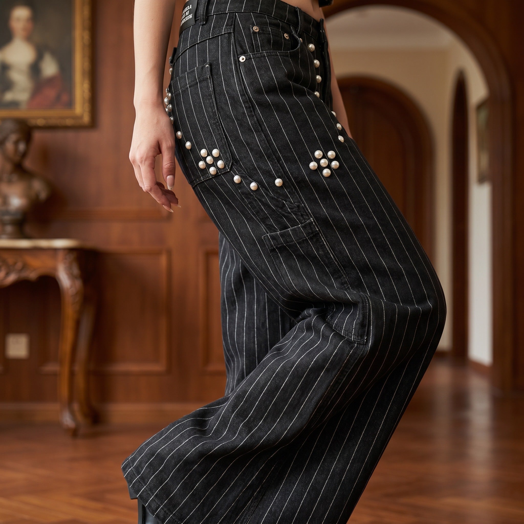 FLOWER STUDS STRIPE DENIM PANTS