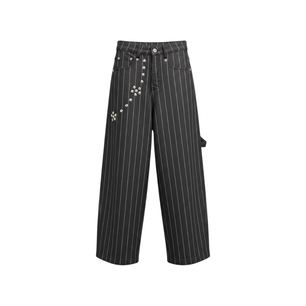 FLOWER STUDS STRIPE DENIM PANTS